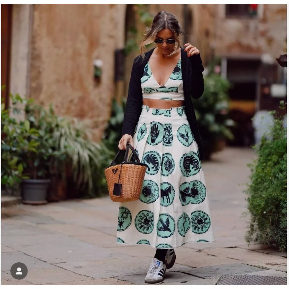 ZARA NEW WOMAN Blue Green PRINTED BOX PLEAT SKIRT 2905/151 S M L XL